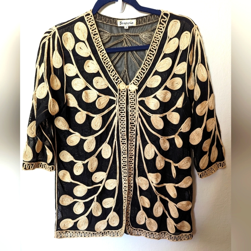 Jeannie Vintage Boutique Mesh top with gold leaves embroidered size Medium